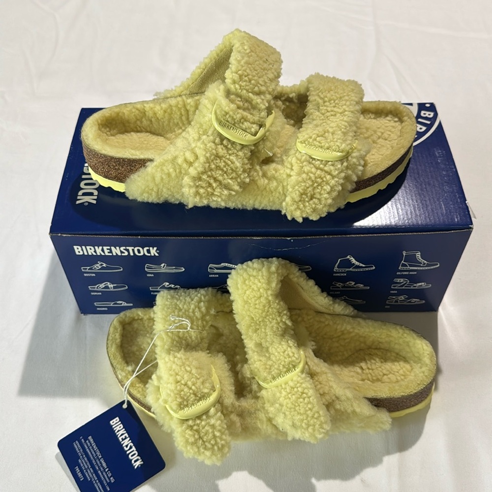 Birkenstock Arizona Big Buckle Teddy Rivet Logo OS Popcorn Narrow Fur US 7 new